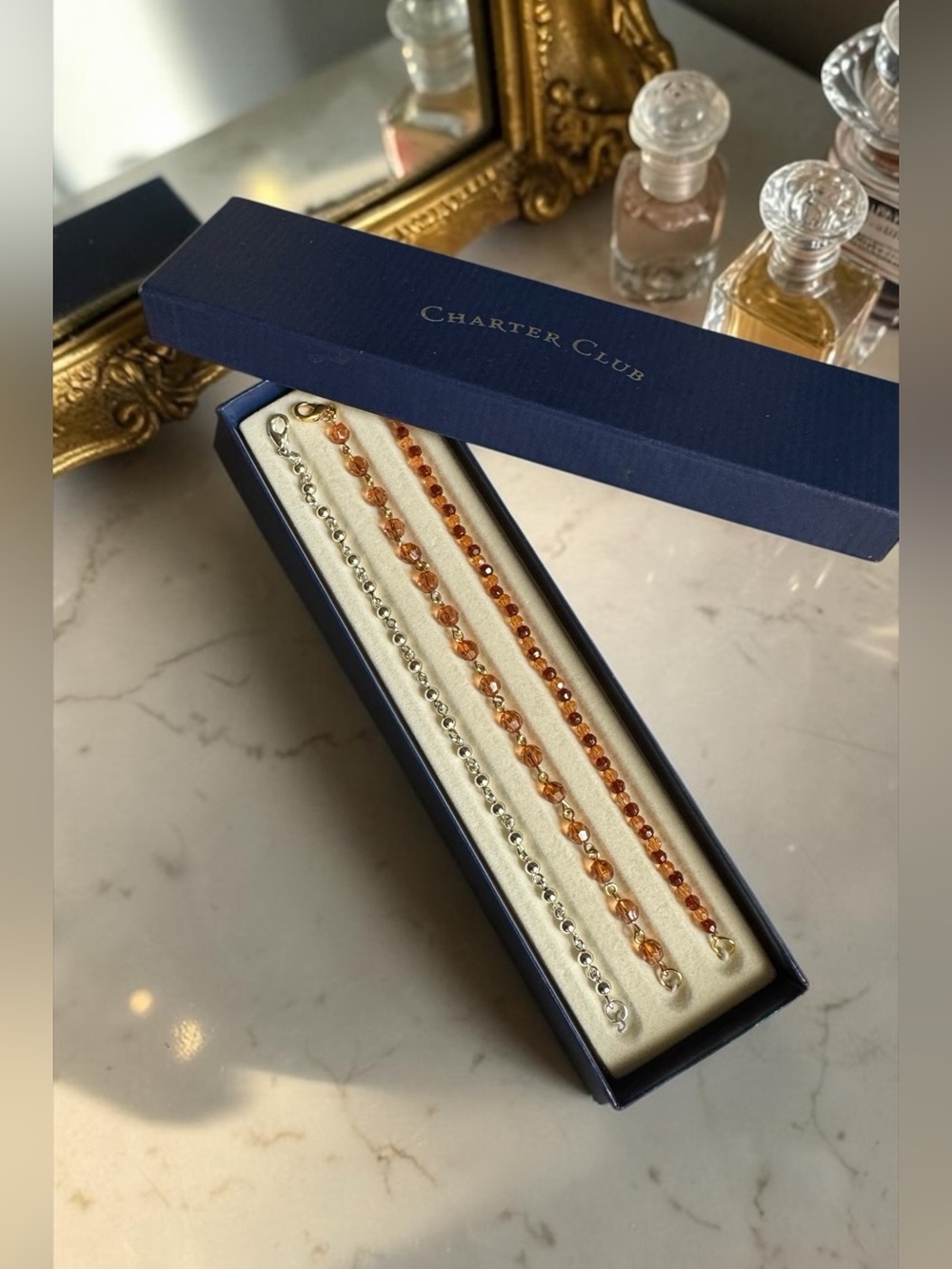Charter Club Silver and Gold Amber Glass Bead Bracelet Box Set of 3